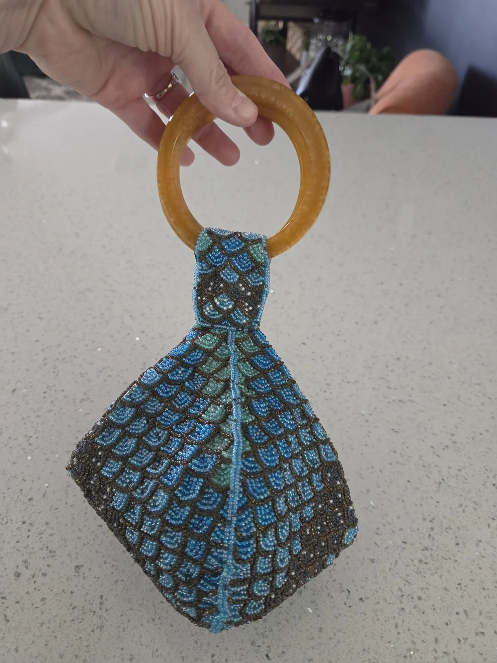 Bamboo Trading Company Mermaid Shimmer Beaded Handbag Wooden Bangle Handle NWT